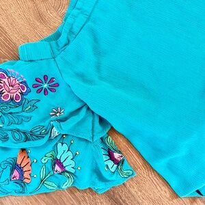 Judith March Teal Blouse with Floral Embroidery